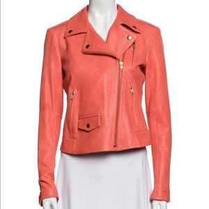 Theory Leather Moto Jacket in Coral